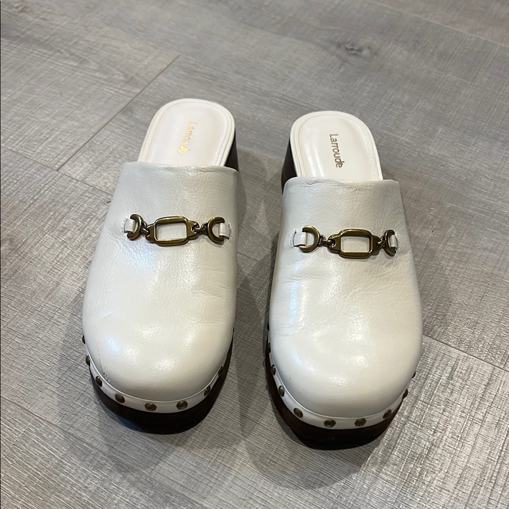 Larroude Cream Mules with Gold Detail